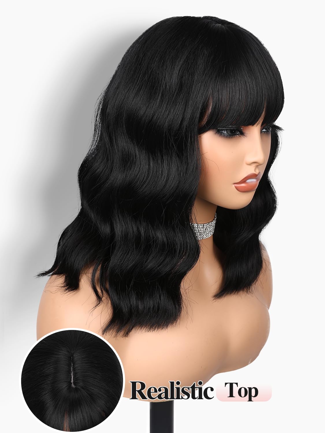 Fancy Hair Black Wavy Bob Wig for Black Women Short Wavy Wig with Bangs Glueless Wear and Go Synthetic Shoulder Length Bob for Girl Women Daily Party Use