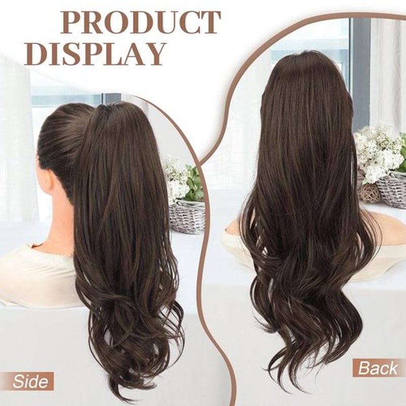 KooKaStyle Ponytail Extensions, 22 inch Long Dark Chestnut Brown Drawstring Wavy Clip in Ponytail Hair Extensions Layered Synthetic Hairpiece for Women