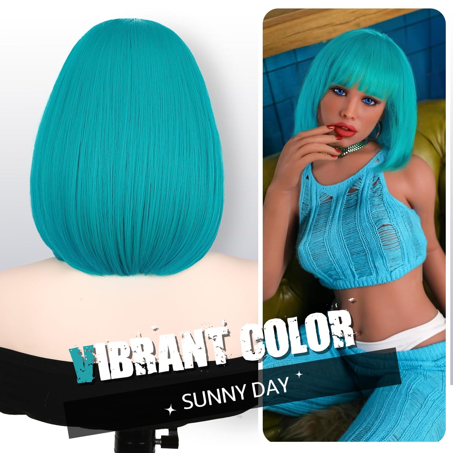 Fancy Hair Teal Bob Wig with Bangs Short Straight Turquoise Bob Wig Synthetic Vibrant Teal Blue Cosplay Bob Wig for Women 12 Inches