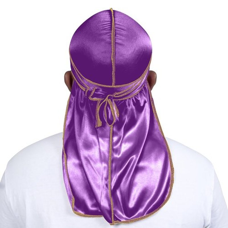 ForceWave Silky Durag for Men Wave Cap Satin Dorag for Men Women 360 Wave (Purple with Gold Seam)