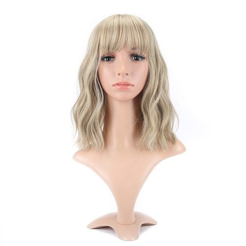 VCKOVCKO Natural Blonde Wigs With Air Bangs for Women Women's Shoulder Length Wigs Curly Wavy Synthetic blonde wig with bang Wigs Blonde Wig for White Women Girls Colorful Wigs(12", Mix Blonde)