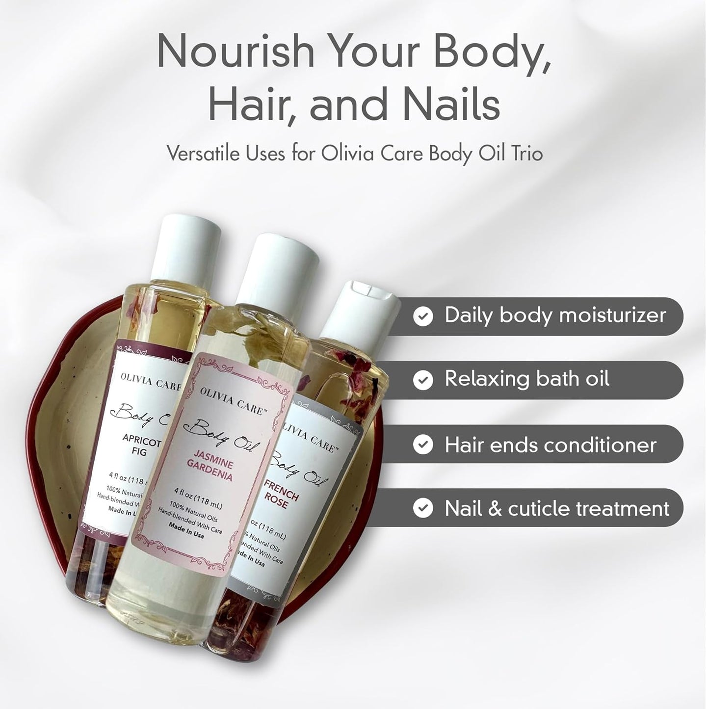 Olivia Care 3 Pack Body Oils: Apricot Fig, French Rose, Jasmine Gardenia - Natural Perfume Oils For Women & After Bath Oils Body Moisturizers, Rich in Vitamin E, K, & Omega (3 Scents)