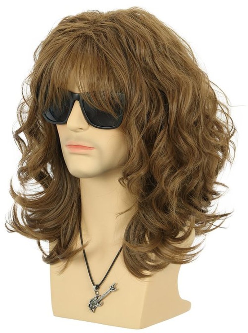 VGbeaty 70s 80s Punk Rocker Party California Wig Men Women Long Wave Brown Halloween Costume Cosplay Wig