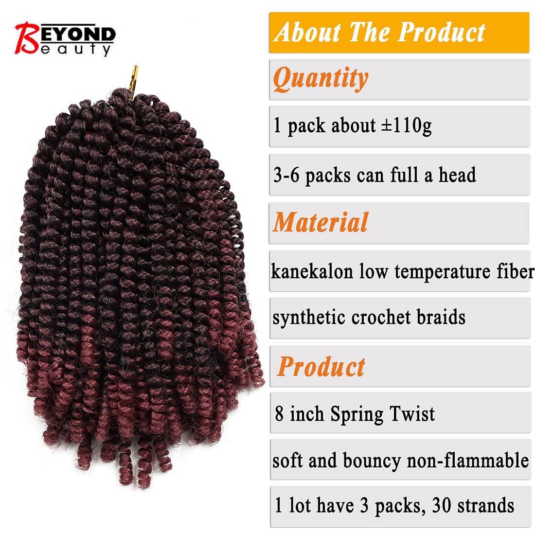 Beyond Beauty Spring Twist Crochet Hair 90strands 8 Inch Fluffy Spring Twists Braiding,Spring Twist Crochet Braids Bomb Twist Crochet Hair for Black Women(T1B BUG)