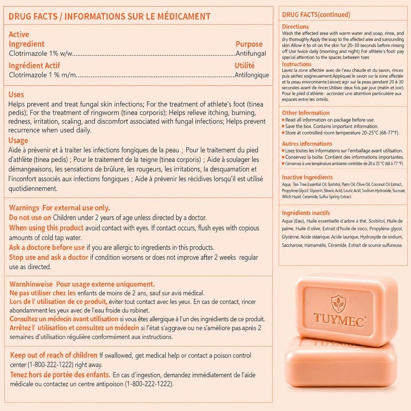 Tuymec Antifungal Bar Soap - Skin Fungus Treatment for Athlete’s Foot, Jock Itch & Ringworm - Medicated Anti Fungal Skin Soap with Clotrimazole 1% (Peach, 2 Bars, 1 Case)
