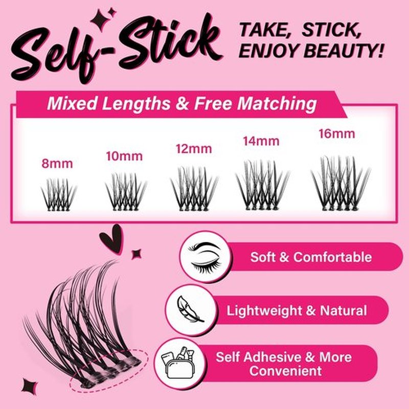 Self Adhesive Eyelashes 40Pcs Lash Clusters Self Stick Lashes Reusable Self-adhesive Lashes No Glue Cluster Lashes Easy for Use(Hibiscus,D-8-16mix)
