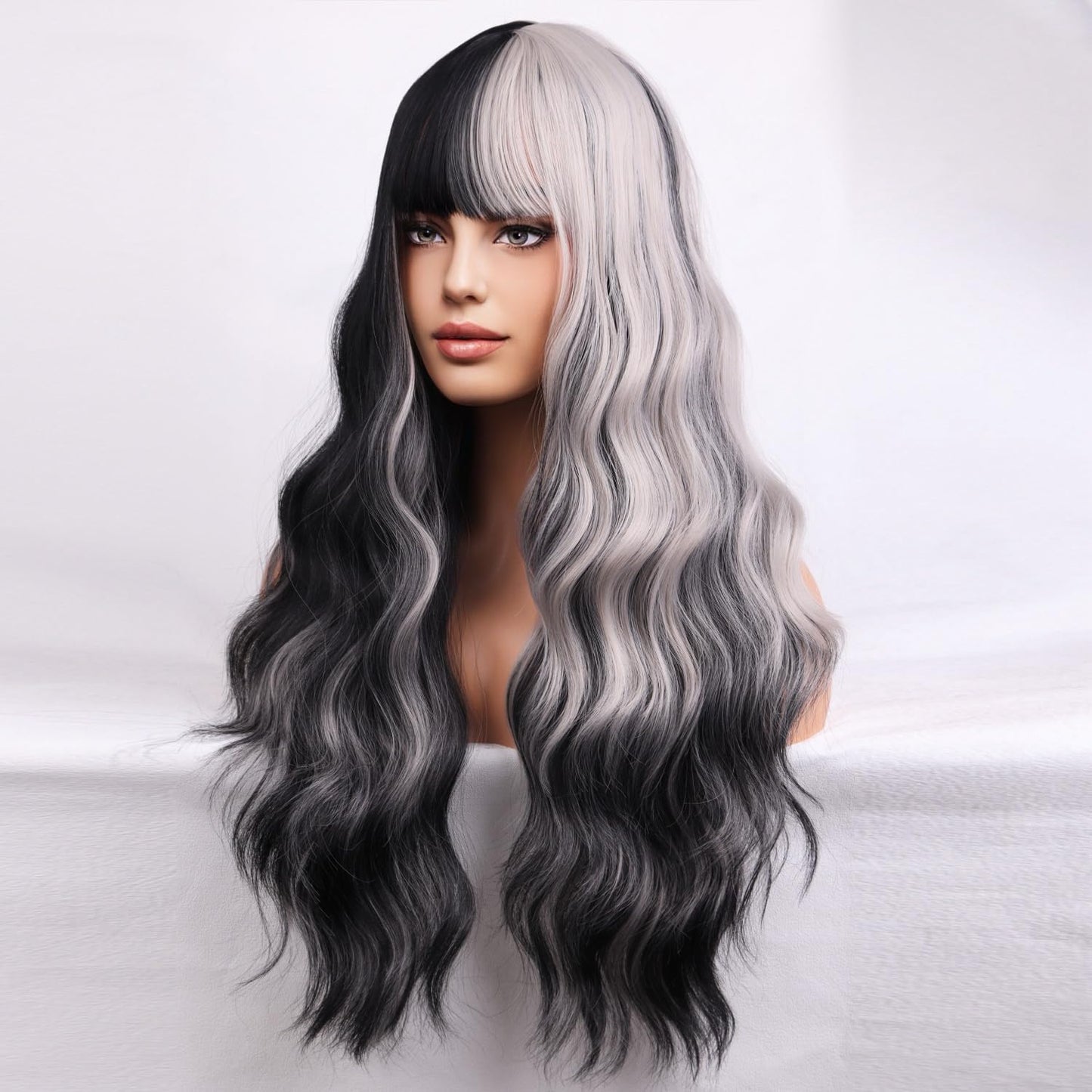 BERON 26 Inches Silver Grey Black Highlight Wig with Bangs Split Dye wig Long Wavy Synthetic Wig Light Grey Black Ombre Wigs for Daily Party