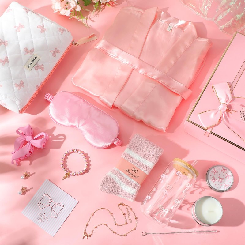Jiuguva 12 Pcs Pink Bow Birthday Gifts for Women Teen Girls Spa Gift Basket for Graduation, Robe Eye Mask Socks Bracelets Earring Necklace Tumbler Makeup Bag Hair Clip Scented Candle with Box and Card