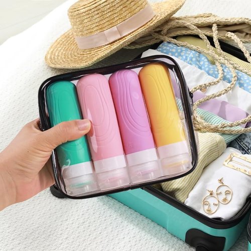 GLAMFIELDS Travel Bottles for Toiletries, 3oz Size TSA Approved Leak Proof Silicone Containers for Shampoo, Conditioner,Easy to Squeeze and Portable, Essentials for Traveling (4 Pack) Macaron