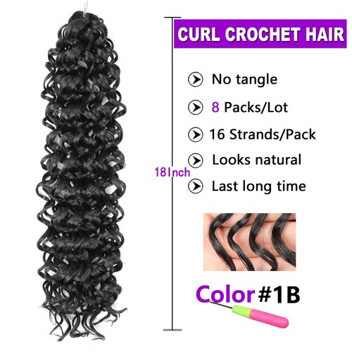 ZRQ GoGo Curl Crochet Hair 18 Inch Water Wave Curly Crochet Hair for Women,8 Packs Ocean Wave Crochet Hair Synthetic Deep Wave Beach Curl Crochet Hair Extensions (18 inch 1B)