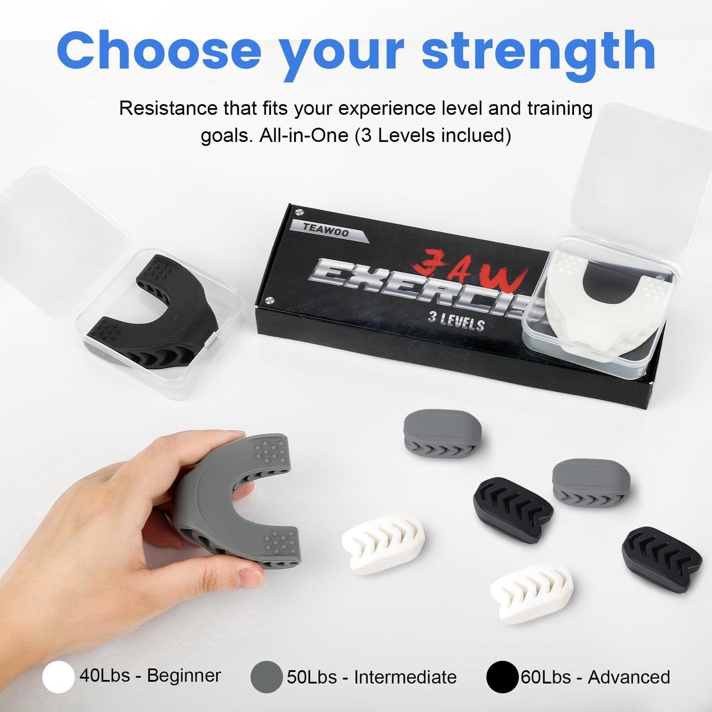 TEAWOO 9PCS Jaw Exerciser for Men & Women, 2 Model Set with 3 Resistance Levels Silicone Jaw Toner for Beginner, Intermediate & Advanced Users, Patented Jawline Exerciser (White/Grey/Black)