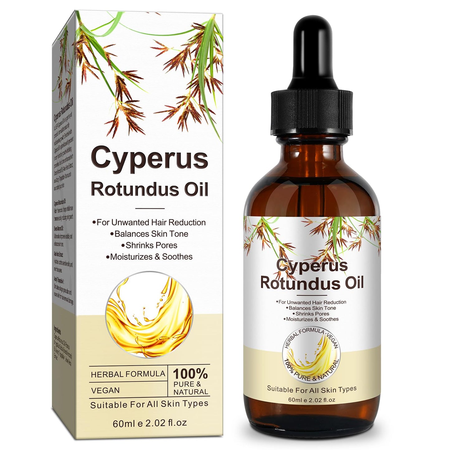 Akeeronn Cyperus Rotundus Oil, Natural Cyperus Rotundus Oil for Hair Removal, Reducing Body Hair Growth, Moisturizing & Soothing Skin, Ideal for Men & Women (60ml)