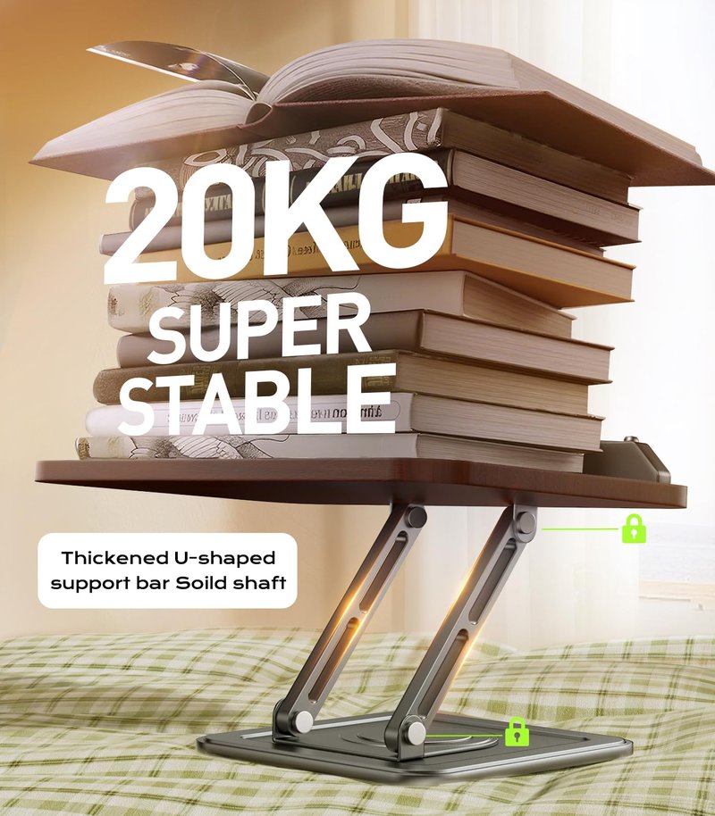 Book Stand for Reading, Adjustable Book Holder with 360°Rotating Bases, Ergonomic Cookbook Stand Recipe Book Holder with Elastic Page Clips for Magazines, Tablets, Laptops,Black