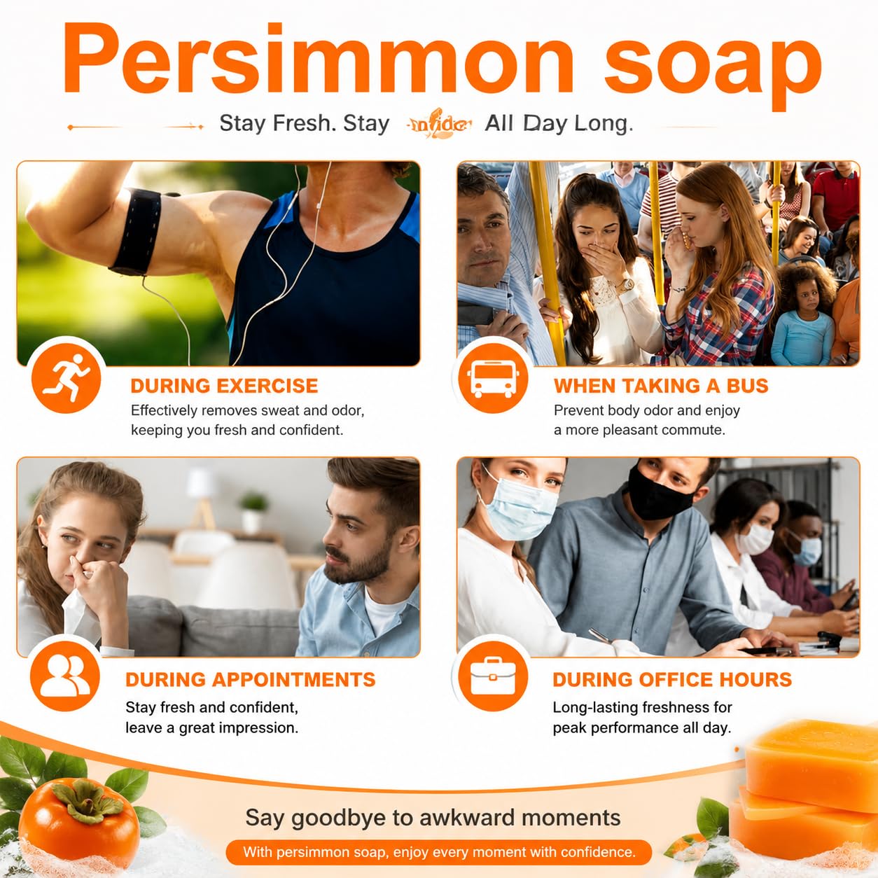 2 PCS Persimmon Soap Bar for Body Odor Control – Natural & Organic Deodorant for Old People Smell. Handmade Bar Soap Removes Strong Odor, Deeply Cleansing & Moisturizing for Women & Men