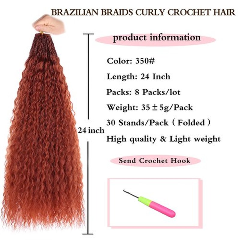 Xtrend Ginger Pre Looped Micro Brazilian Kinky Curly Crochet Hair 8 Packs 24 Inch Micro Curly Braiding Hair Extensions Synthetic Deep Wave For Mini Senegalese Twist Hair For Boho(30 Strands/Pack,350#)