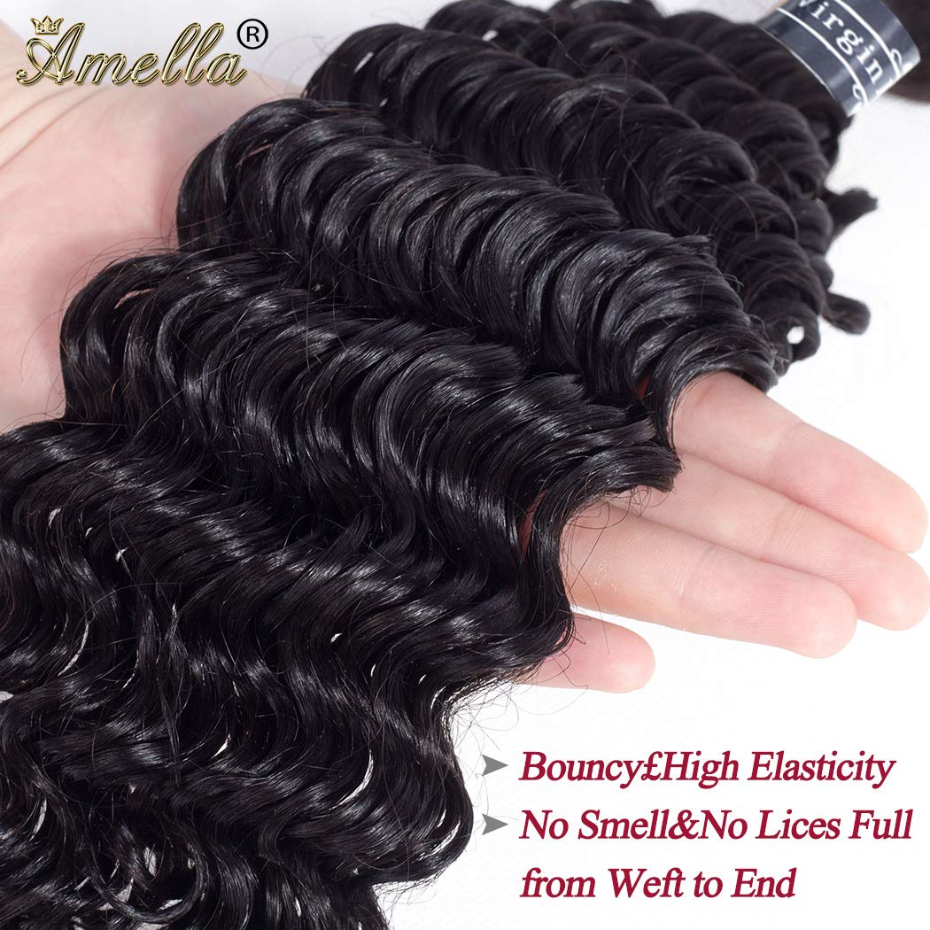 Amella Hair Brazilian Deep Wave Hair Bundles 22Inch 100% Unprocessed 1 Bundle Deep Wave Hair Weave Bundles Deep Curly Human Hair Bundles Natural Color