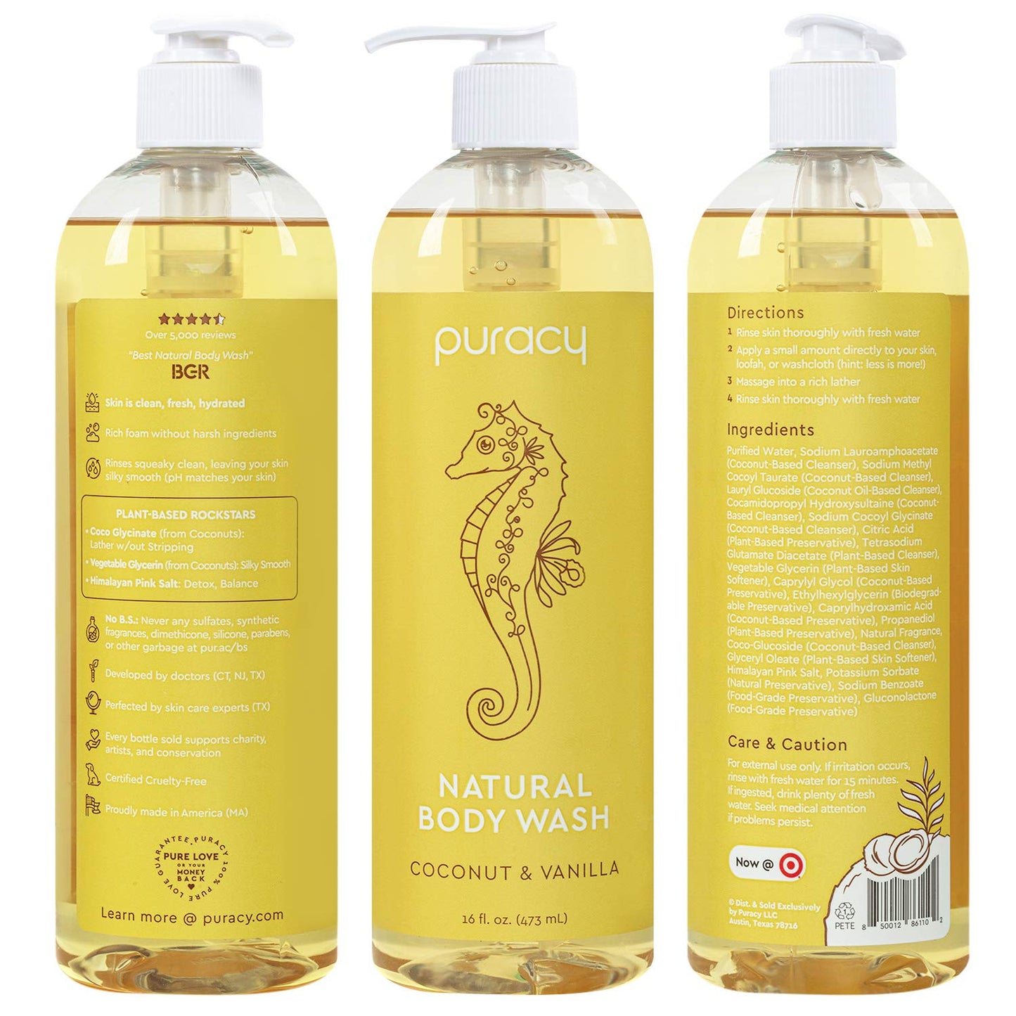Puracy Body Wash, Natural Body Wash, 98.6% Pure Plant Ingredients, Moisturizing Shower Gel for Women Men Kids, Body Soap for Dry Sensitive Skin Gently Scented with Coconut & Vanilla, 16 Fl Oz