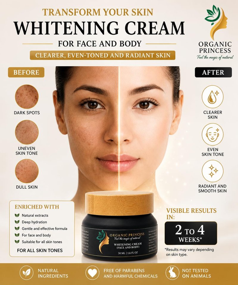 Organic Princess Whitening Cream for Face and Body, Reduces Dark Spots, Evens Skin Tone, 50 ML 1.6 FL OZ