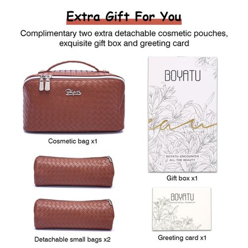 Travel Makeup Bags Cosmetic Organizer Bag: Large Capacity Make up Bag Set of 3 - Vegan Leather Toiletry Bag for Women - Portable Makeup Organizer with Compartments & Handle & Divider (1 Brown)