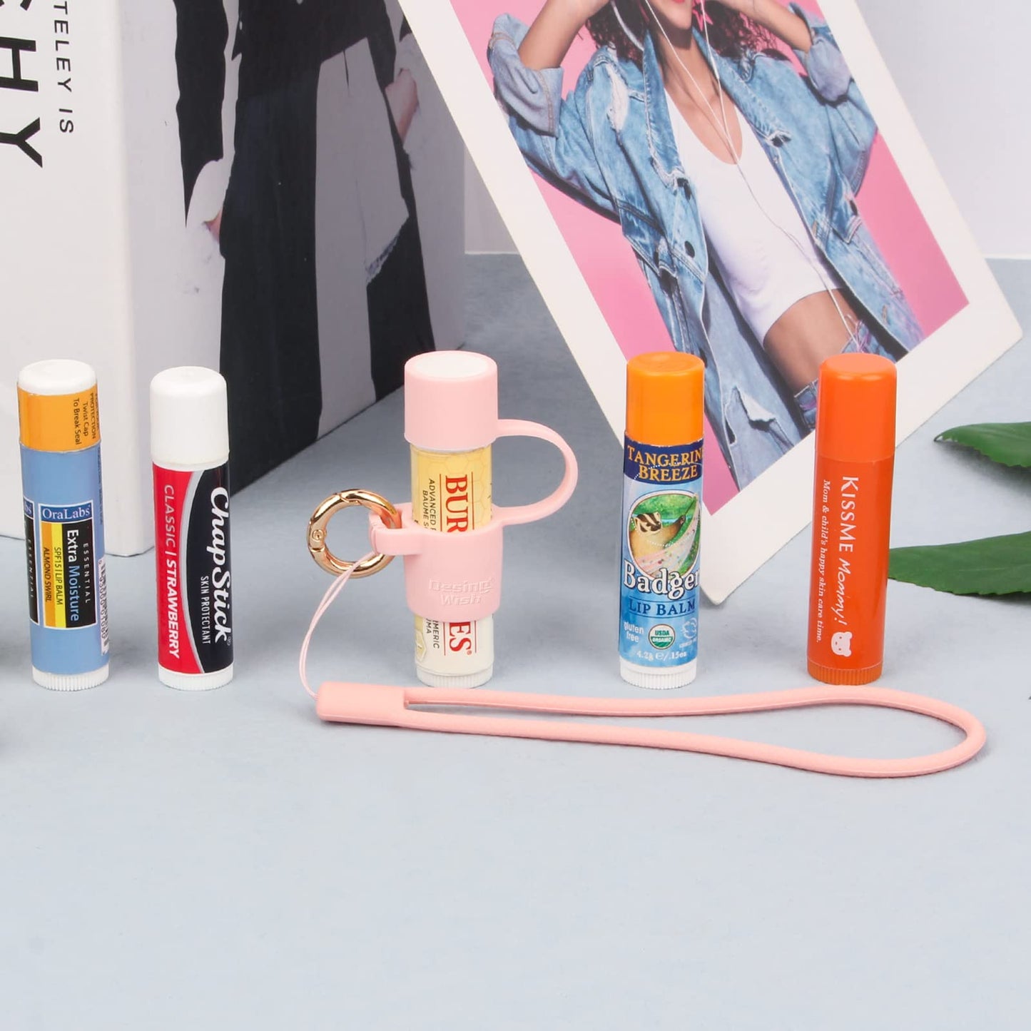 Desing Wish Silicone Chapstick Holder with Cap Cover, 0.6'' Diameter Portable Lip Balm Holder Key Chain Sleeve Chapstick Keychain Holder with Wrist Strap Lanyard - Pink