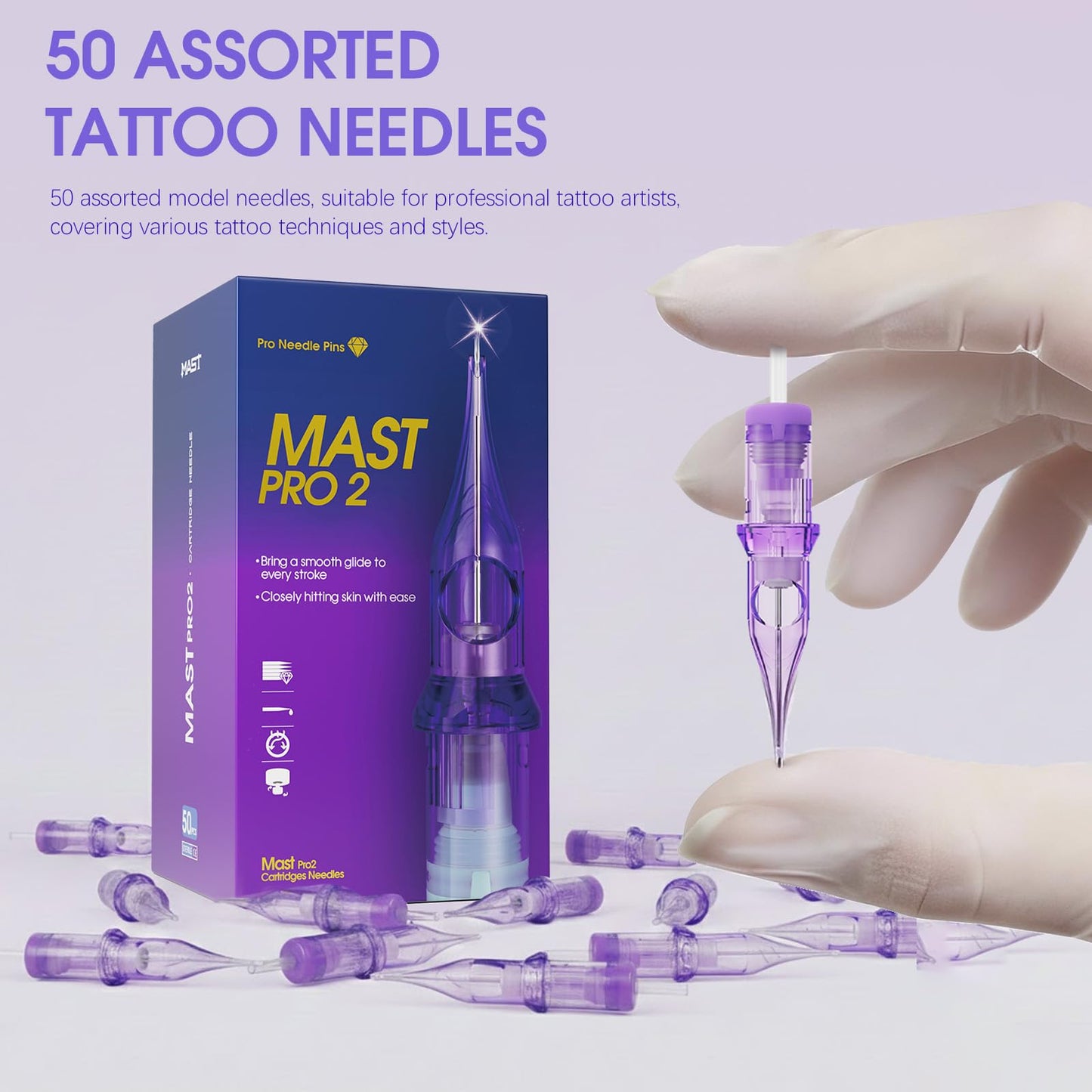 Mast Tattoo Pro2 Needles Cartridges #12 Curved Mugnum 50 Count Mixed Round Magnum Sizes 5RM, 7RM, 9RM, 11RM, 13RM Pro Needle Pins Membrane Disposable