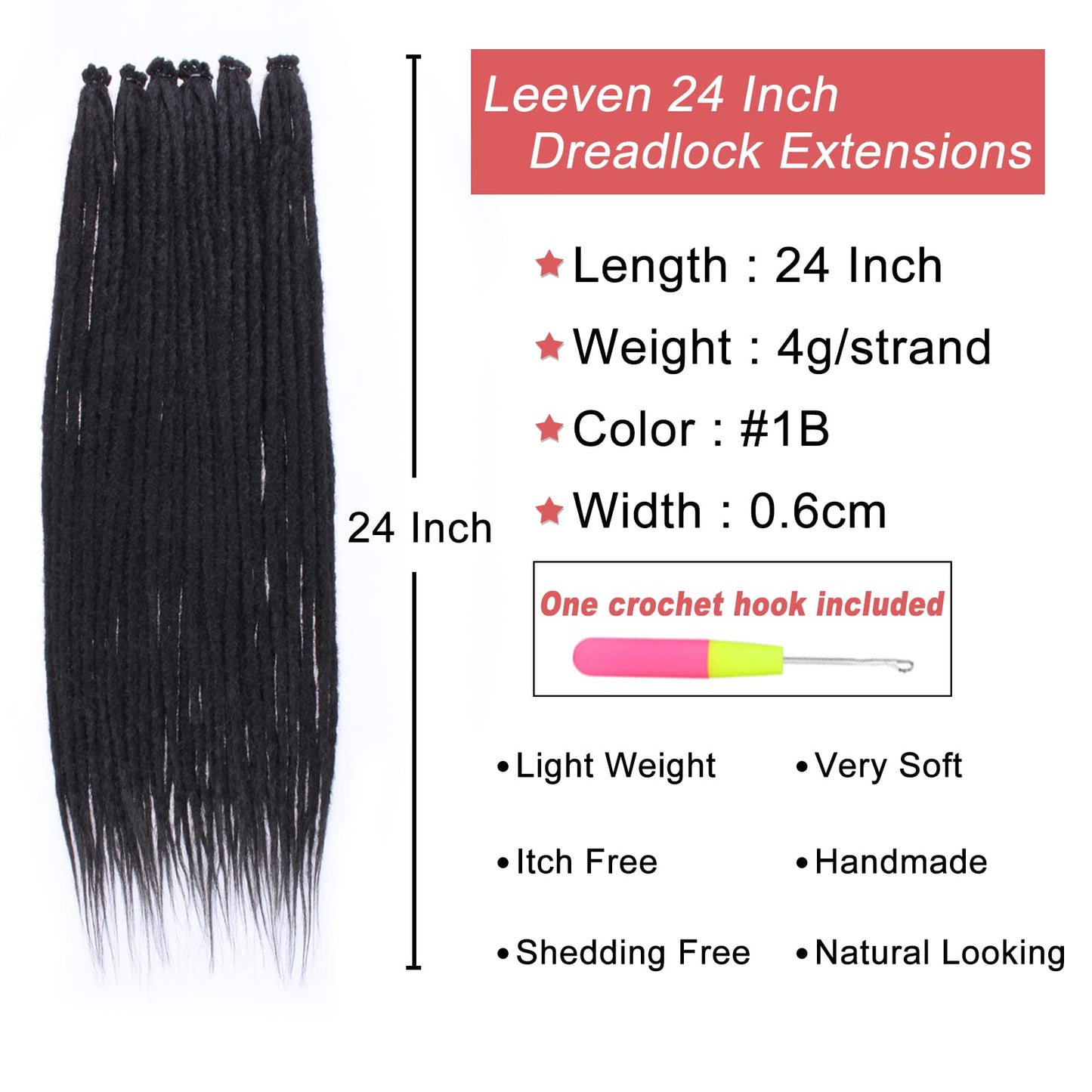 Leeven Thin 24 Inch Dreadlock Extensions 40 Strands Natural Black Soft Hippie SE Dreads 0.6 cm Width Synthetic Loc Extensions Handmade Reggae Style Crochet Braiding Hair for Women and Men