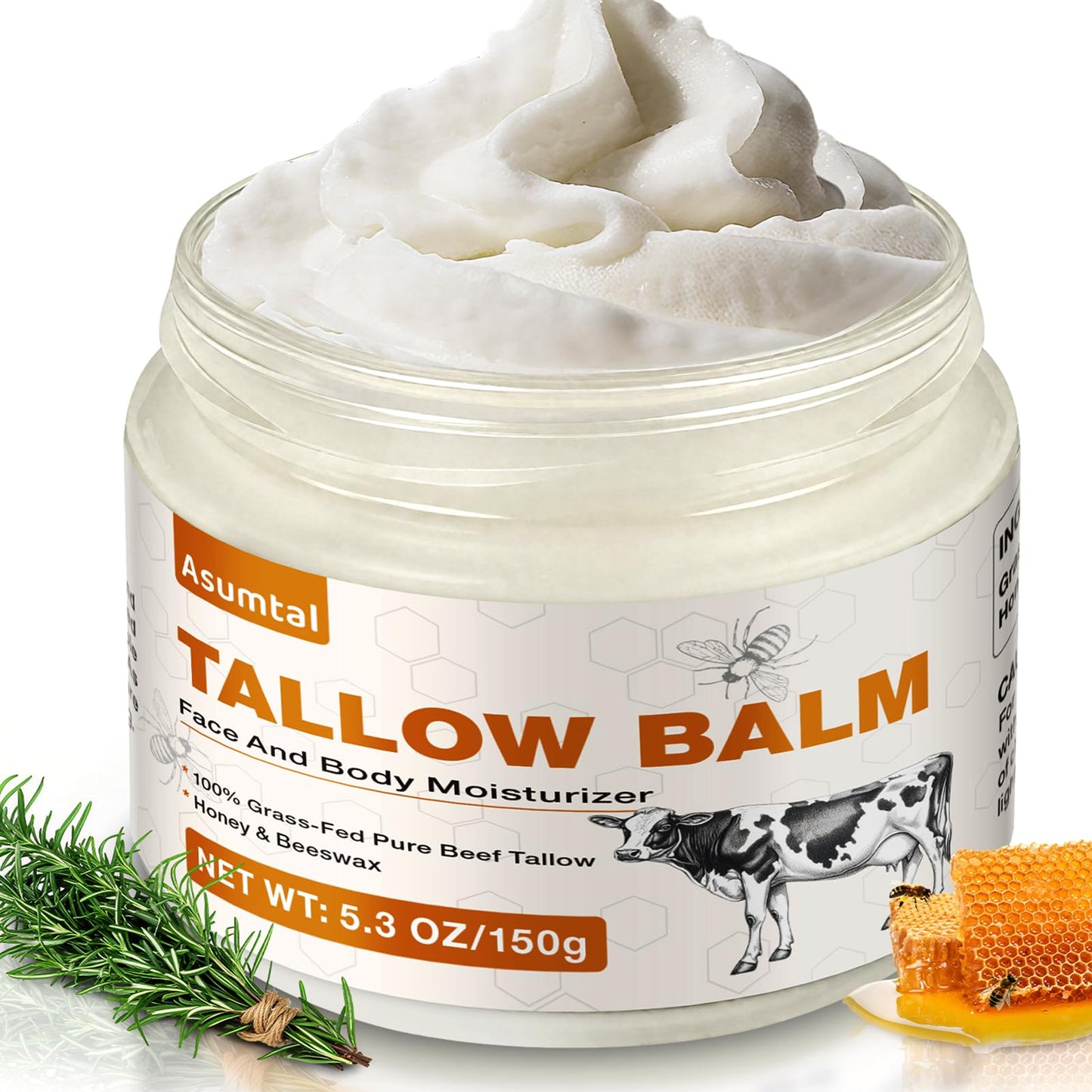 Asumtal Tallow and Honey Balm - Beef Tallow for Face & Skin Moisturizer, Deep Hydration for Dry & Sensitive Skin, Multi-Use Hydration for Night Cream & Full Body Care (5.3 Oz)