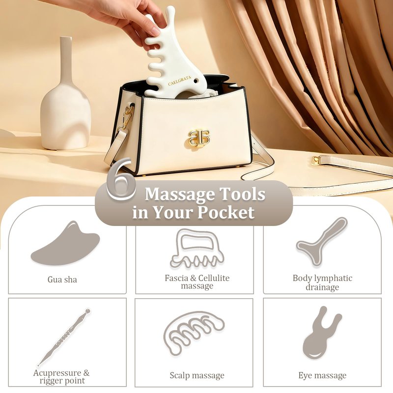 6-in-1 Ceramic Gua Sha Tool for Body & Face, Lymphatic Drainage, Trigger Point, Face Sculpting, Whole Body Relaxation & Stress Relief at Home, Portable Self-care Gifts for Women with Cellulite