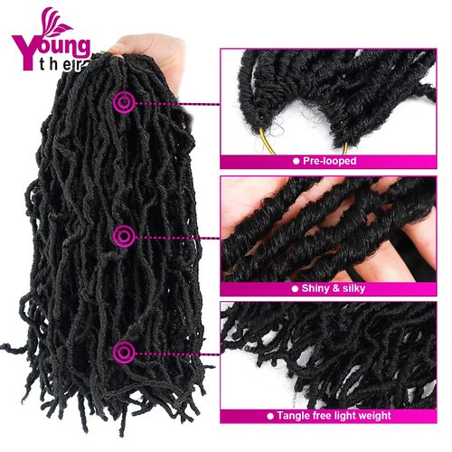 Youngther New Faux Locs Crochet Hair 14 Inch 6 Packs Fashion Extended Soft Locs for Black Women Most Natural Locs Crochet Braiding Hair Curly Wavy Pre-Looped Goddess Locs Braids Hair Extensions(1B)