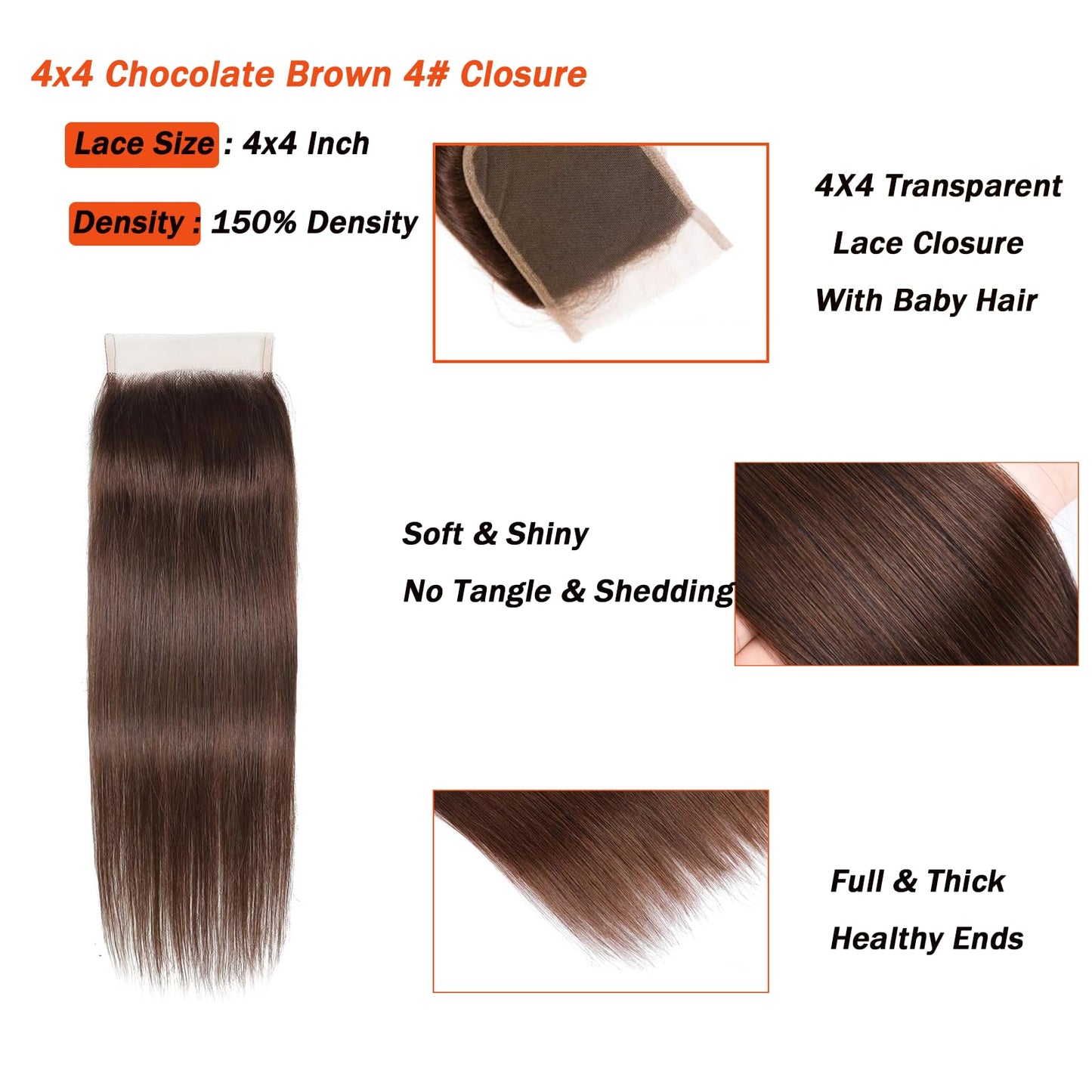 Chocolate Brown 4# Closure 4x4 Free Part Straight Wave Closure Brazilian Human Hair Extensions Preplucked Bleached Knots Sew In Weave Closure For Women Wet And Wavy 8 Inch