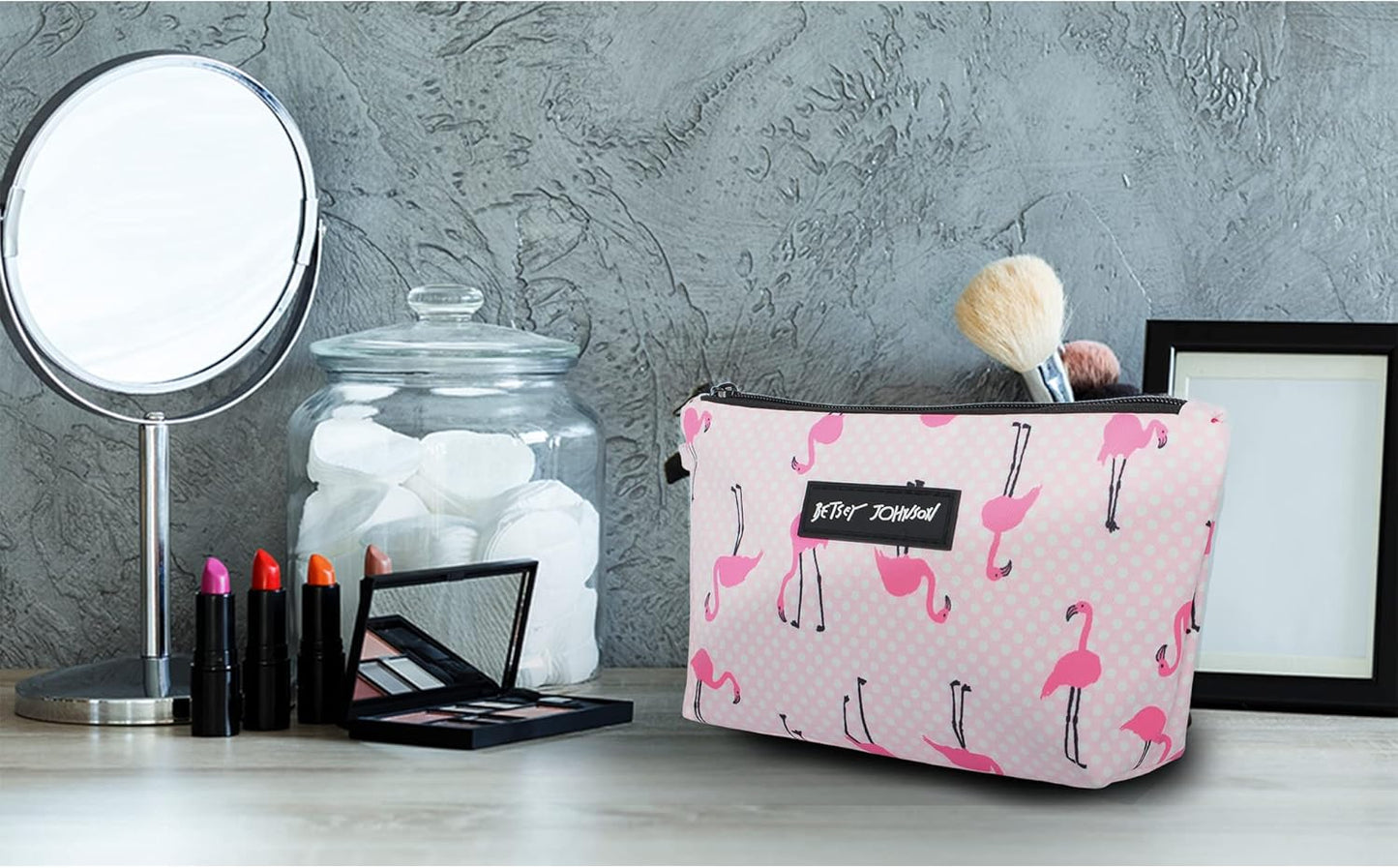 Betsey Johnson 8.5 Inch Zipper Cosmetic Pouch Small Toiletry Bag–Lightweight Durable Polyester Organizer with Inner Zipped Pocket Good For Makeup Accessories and Travel Needs (Covered Rose)