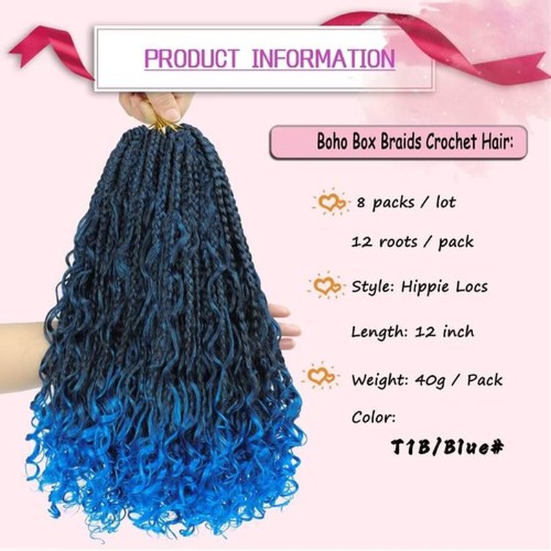 8 Packs Blue Boho Box Braids Crochet Hair 12 inch Pre-looped Crochet Box Braid Synthetic Braiding Hair with Curly Ends Goddess Box Braids Crochet Hair Extensions for Women(12" 8 Packs, T1B/Blue#)