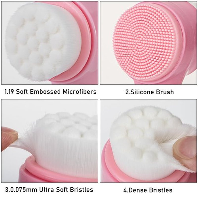 Beomeen Face Brush 2 in 1, Silicone Facial Cleansing Exfoliating Brush Soft Bristles Pore Deep Cleansing, Jade Face Roller Skin Care Tools, Manual Dual Face Wash Scrub Brush Massaging Gift,Pink+White