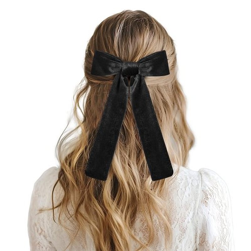 CEELGON 3 PCS Long Tail Velvet Hair Bows Hair Bow Set for Toddler Girls Long Ponytail Knot Bows Alligator Clip Hair Accessories for Girls and Women (Red, Green, Black)