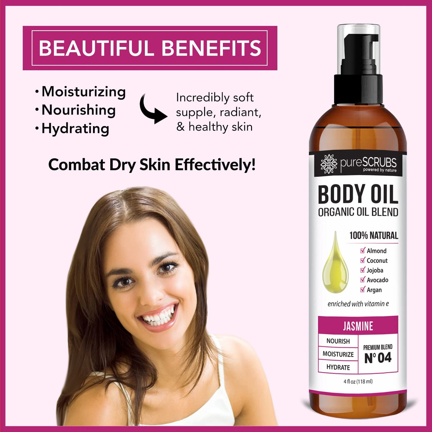 pureSCRUBS Ultra Moisturizing Jasmine Body Oil for Dry Skin, Lightweight Full Body Moisturizer for Soft, Silky Skin, Massage & Cuticle Oil, Vitamin E Enriched, 4 oz