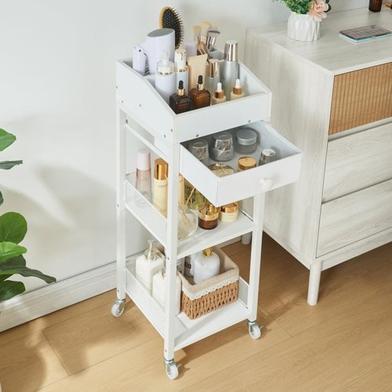 HUSHEDIFY Makeup Organizer Cart,3 Tier Floor Make up Storage Stand with Drawer, Free Standing Skincare Cosmetic Display Holder with Wheels for Vanity Bedroom Dresser Bathroom(White)