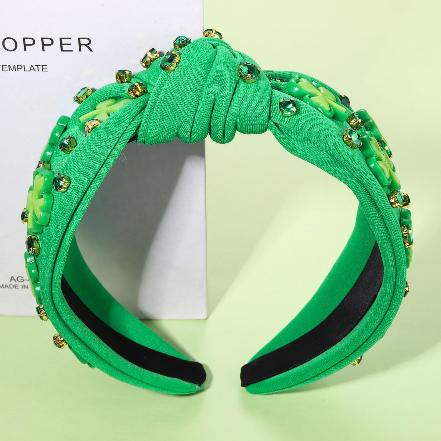CEALXHENY 2 Count St. Patrick's Day Headband, Green Shamrock Embellished Crystal Rhinestone Knotted Headband, Irish Holiday Hair Accessories Gifts