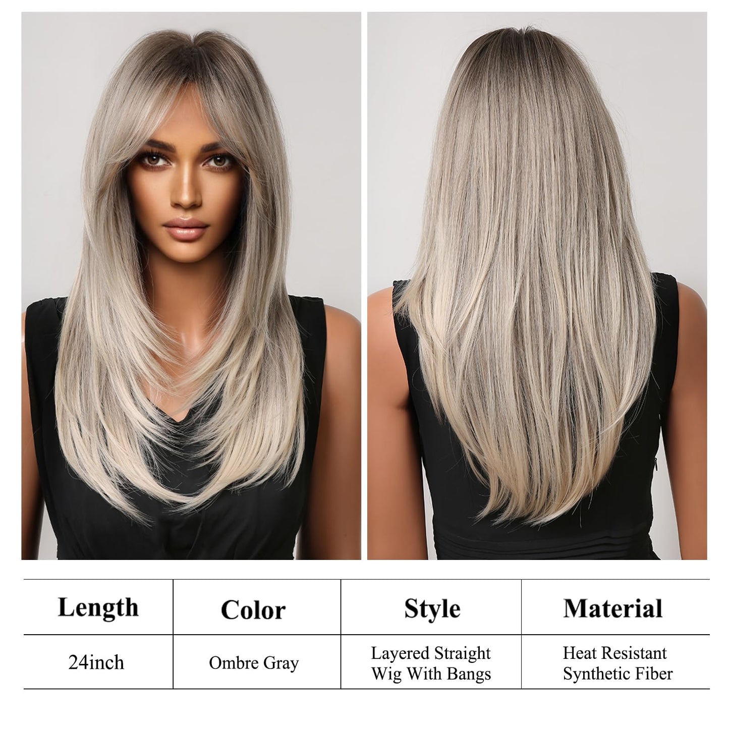 testar Ombre Gray Wigs With Curtain Bangs Long Straight Wigs for Black Women With Dark Roots Synthetic Layered Hair Wigs for Daily Use Natural Looking 24IN