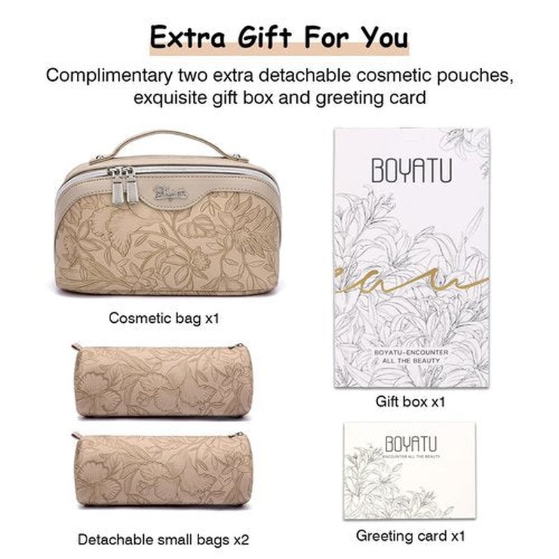 Travel Makeup Bags Cosmetic Organizer Bag: 3-Set Large Capacity Make up Bag - PU Leather Toiletry Bag for Women - Wide Open Portable Pouch with Divider & Handle (02-Light Brown)