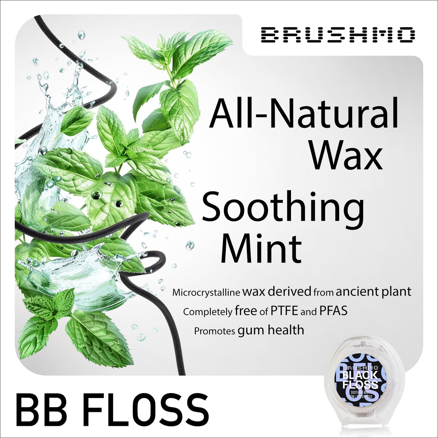Brushmo Black Floss (BB Floss), US Dentist-Designed Oral Care, Stain-Absorbing, Woven Expanding Dental Floss with Natural Wax to Prevent Gum Disease, Non-Toxic PTFE & PFAS Free, 2 spools (110 yd)