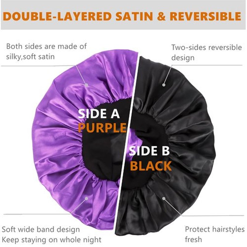 Bonnet for Men,Hair Bonnet for Sleeping,Double Layer Satin Bonnets for Black Women Curly Hair Braids,Reversible Sleep Cap (Large,Black/Purple)