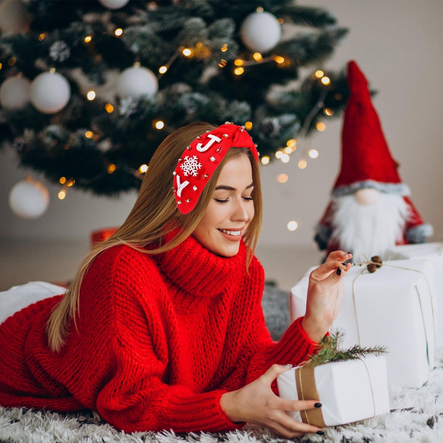 NVENF Joy Red Christmas Hairband for Women - Wide Top Knot Holiday Headband with Crystal Pearl Embellishments - Festive Hair Accessory for Holiday Outfits, Gifts, and Parties