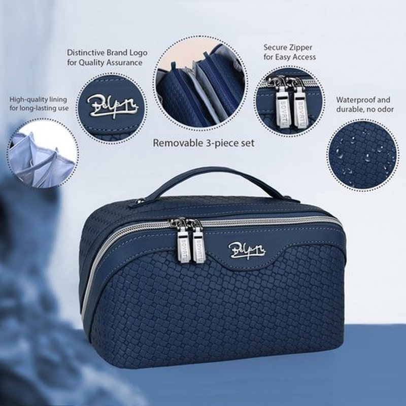 Travel Makeup Bags Cosmetic Organizer Bag: Large Capacity Make up Bag Set of 3 - Vegan Leather Woven Toiletry Bag for Women - Portable Makeup Organizer with Compartments & Handle & Divider Blue