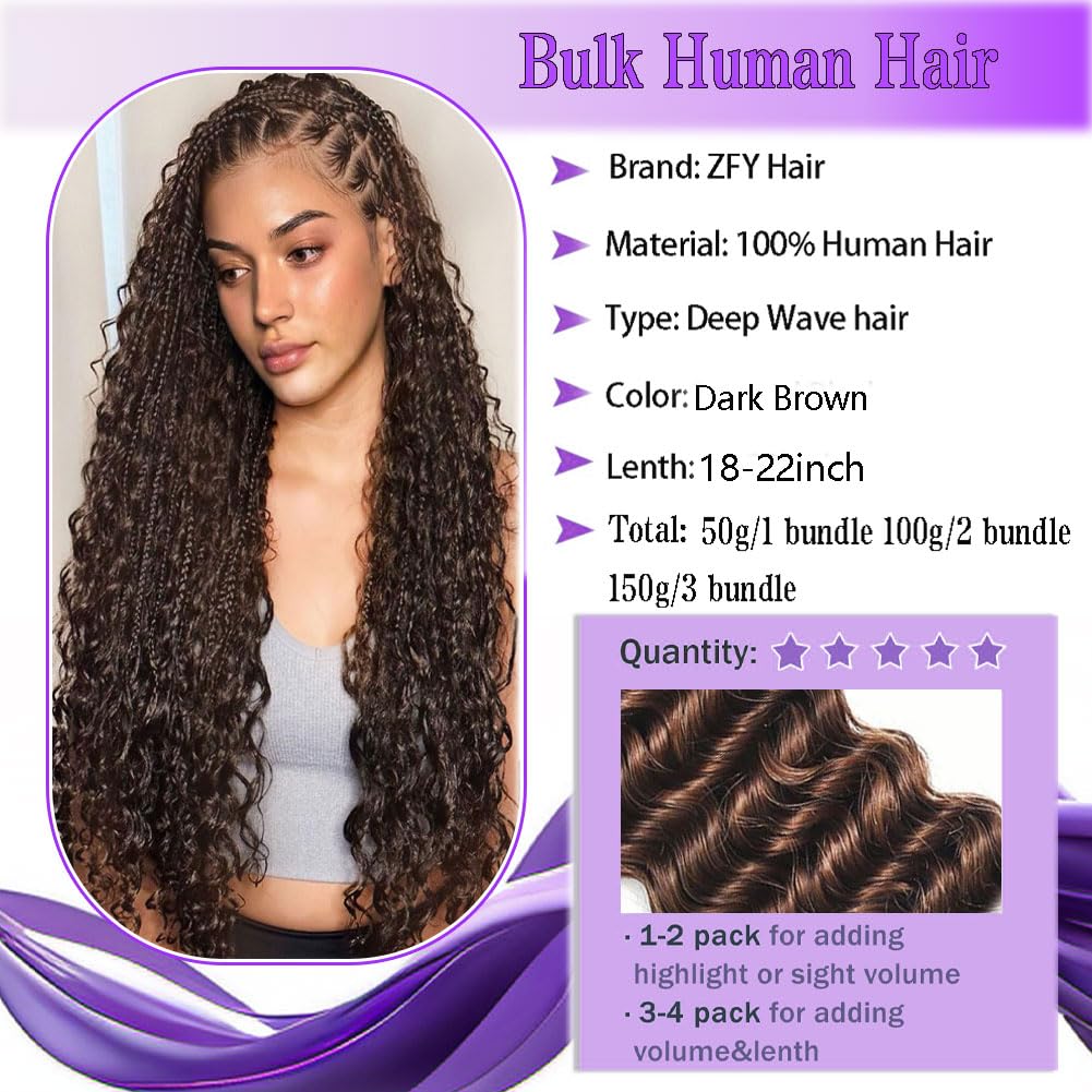 ZFY Human Braiding Hair 100g 20 Inch Deep Wave Bulk Human Hair for Braiding Boho Braids 100% Unprocessed Brazilian Virgin Human Hair Extensions No Weft 2 Bundle/Pack Dark Brown