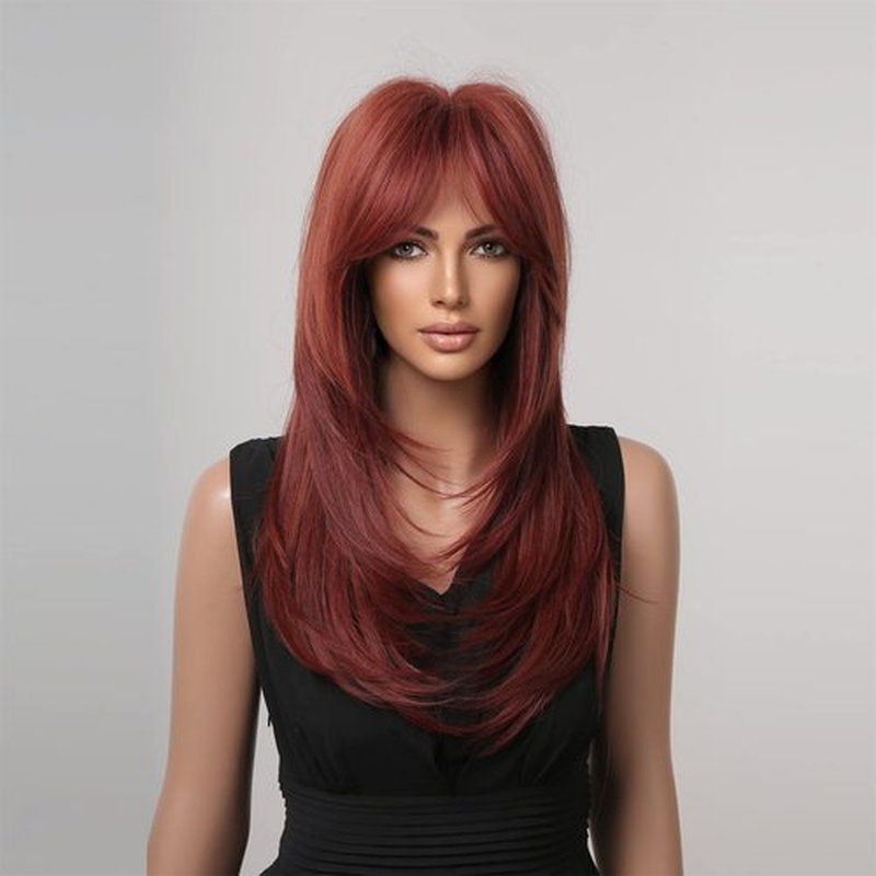 MAGQOO Dark Red Wig for Women Wine Red Layered Wig Long Burgundy Wig with Bangs Synthetic Heat Resistant with Wig Cap