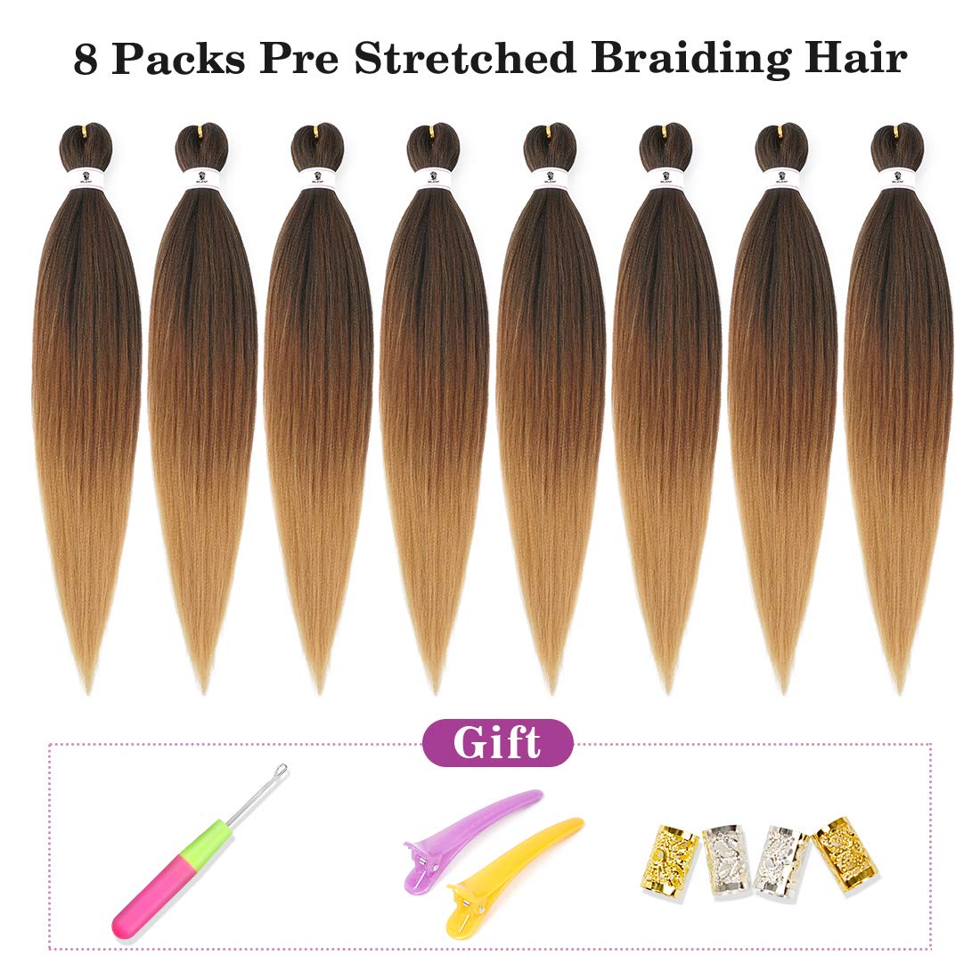 Bileaf Pre Stretched Braiding Hair 26 Inch Ombre Braiding Hair Hot Water Setting 8 Packs Long Braiding Hair Pre Stretched Soft Yaki Texture Synthetic Hair Extensions for Braids(1B-30-27)