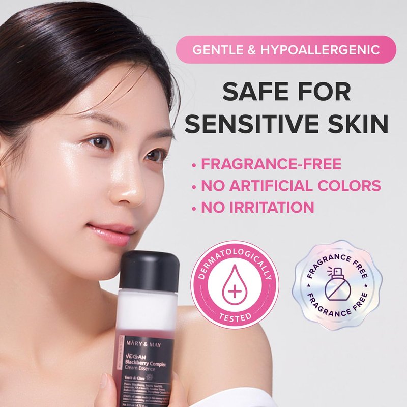 Mary&May Vegan Blackberry Cream Essence – Shake-to-Mix Dual-Phase Milky Toner, Ceramide + Blue Lotus Water, Barrier Support for Dry/Sensitive Skin, Unscented & Alcohol Free, 140ml (4.73 fl oz)