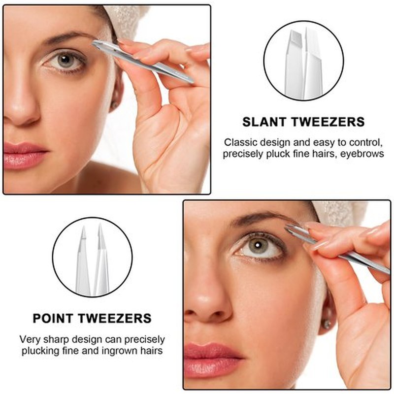 2 Pack Tweezers- Professional Stainless Steel Tweezers for Men and Women, Precision Eyebrow Tweezers for Facial Hair, Chin, and Ingrown Hair Removal (Silver)