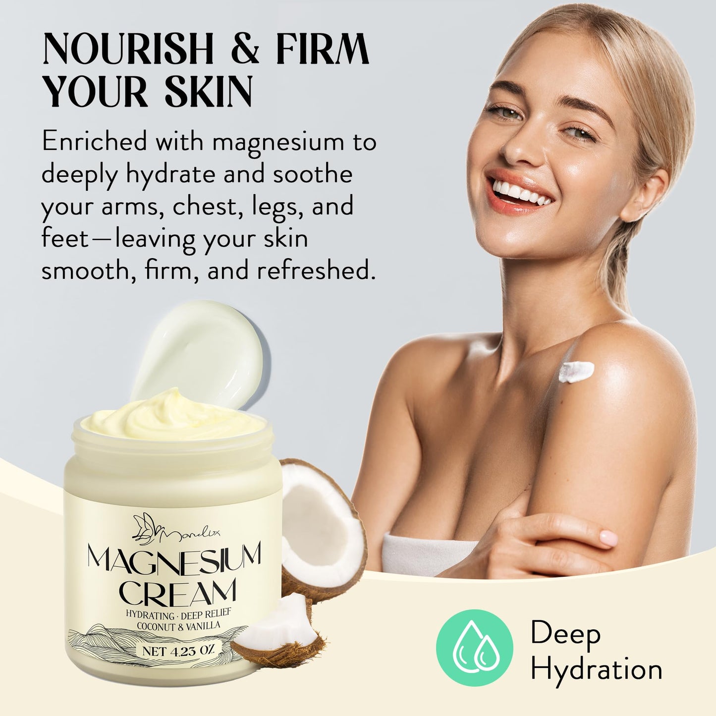 Manelix Magnesium Cream for Sleep - Topical Magnesium for Women, Muscle Relaxation, Calm, Moisturizing with Coconut Oil, Shea Butter & Hyaluronic Acid, 4.23 OZ, Safe for Kids (4.23 Ounce, Coconut)