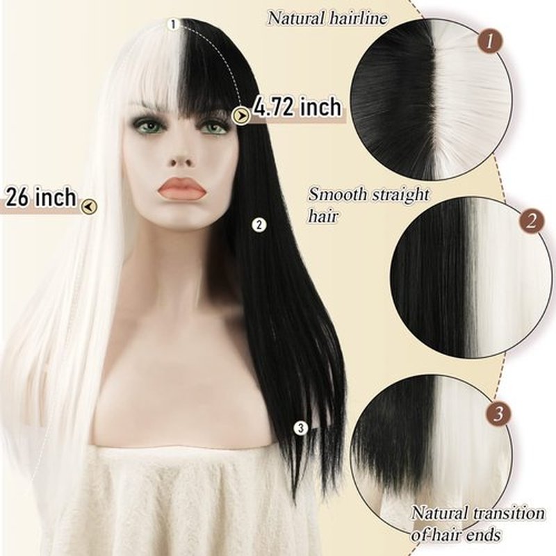 SOFEIYAN Long Straight Wig with Bangs Black&White Synthetic Hair Replacement Wigs Heat Resistant Full Wig for Women Girls 26 inches